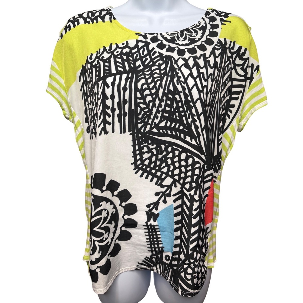 DESIGUAL White Abstract Mixed Print Cap Sleeve Top L Art to Wear Boho Dopamime